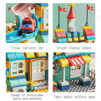 HKM-916883 DIY Assembled Building Blocks Set with Castle Track and Cartoon Cars for Ages 3 and Up