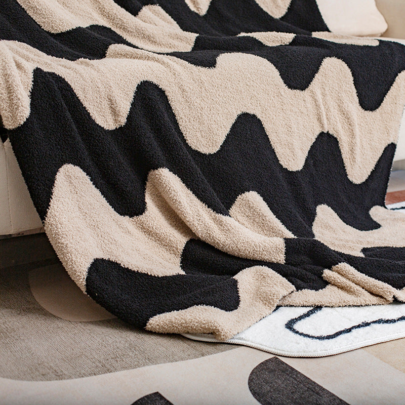 HKM-918291 Geometric Patterned Half Velvet Knitted Sofa Blanket - Modern Acrylic Throw in Three Colors