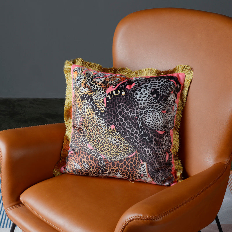 HKM-918355 Nordic Square Plush Cushion Pillowcase with Leopard Tassel Print for Living Room