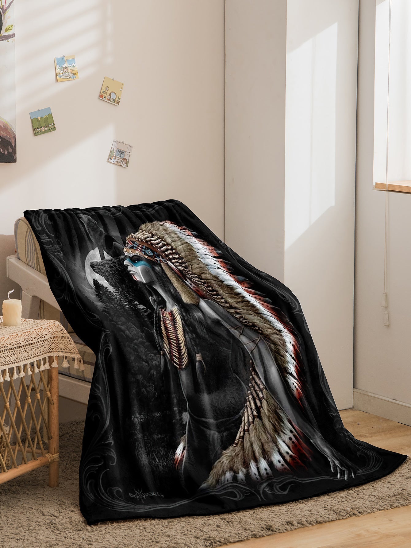 HKM-918611 Bohemian Geometric Pattern Flannel Blanket - All Seasons Polyester Fiber