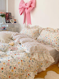 HKM-918611 Lotus Flower Cotton Four-Piece Bed Set with Floral Design, Available in Multiple Sizes