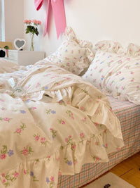 HKM-918611 Lotus Flower Cotton Four-Piece Bed Set with Floral Design, Available in Multiple Sizes