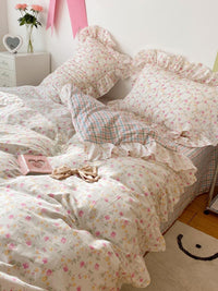HKM-918611 Lotus Flower Cotton Four-Piece Bed Set with Floral Design, Available in Multiple Sizes