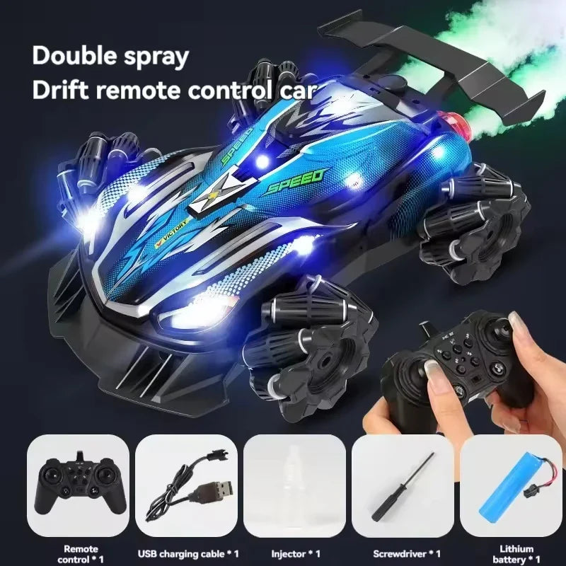 HKM-918867 Remote-Controlled Dual-Spray Drift Car with LED Lights and 360° Rotation for Kids
