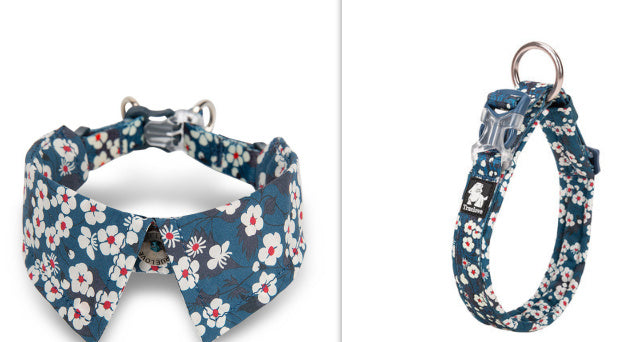 HKM-919315 Floral Blue & Red Cotton Dog Collar with Bow Tie, XS to L Sizes