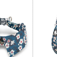 HKM-919315 Floral Blue & Red Cotton Dog Collar with Bow Tie, XS to L Sizes