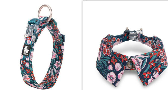 HKM-919315 Floral Blue & Red Cotton Dog Collar with Bow Tie, XS to L Sizes