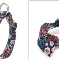 HKM-919315 Floral Blue & Red Cotton Dog Collar with Bow Tie, XS to L Sizes