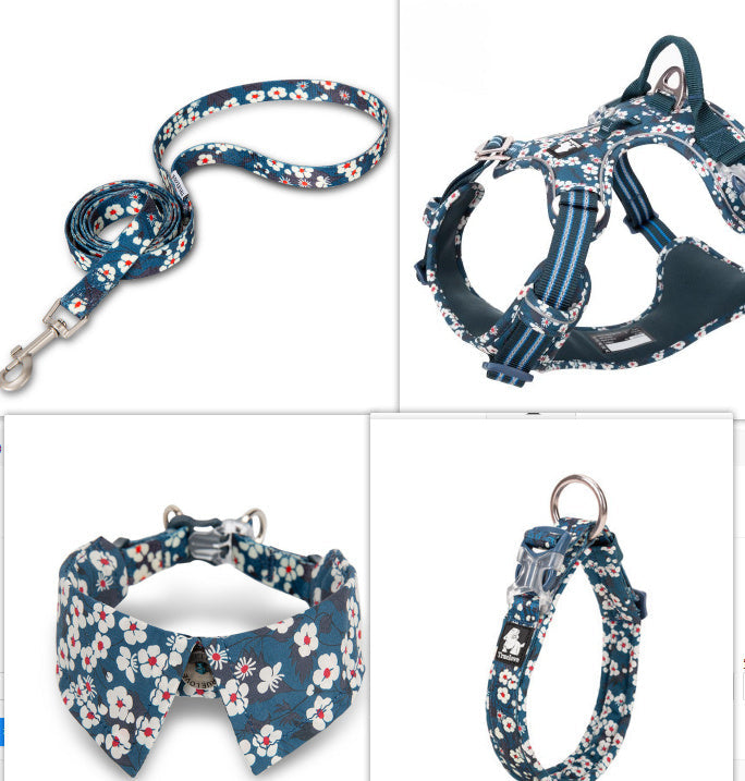 HKM-919315 Floral Blue & Red Cotton Dog Collar with Bow Tie, XS to L Sizes