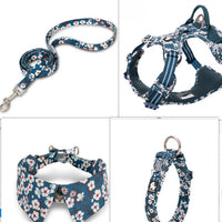 HKM-919315 Floral Blue & Red Cotton Dog Collar with Bow Tie, XS to L Sizes