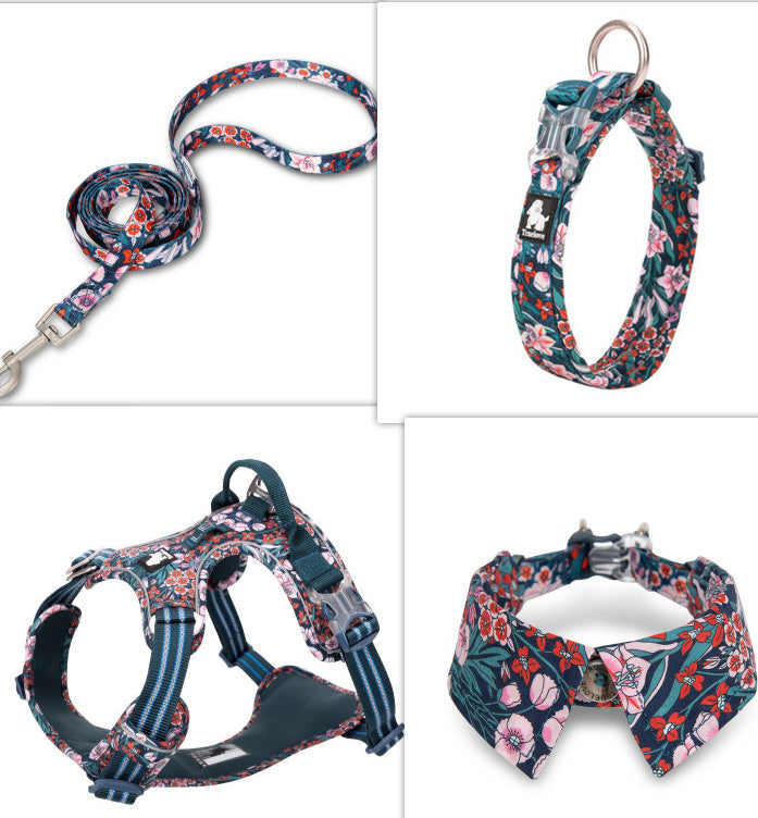 HKM-919315 Floral Blue & Red Cotton Dog Collar with Bow Tie, XS to L Sizes