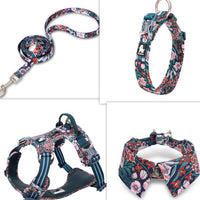 HKM-919315 Floral Blue & Red Cotton Dog Collar with Bow Tie, XS to L Sizes