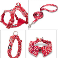 HKM-919315 Floral Blue & Red Cotton Dog Collar with Bow Tie, XS to L Sizes