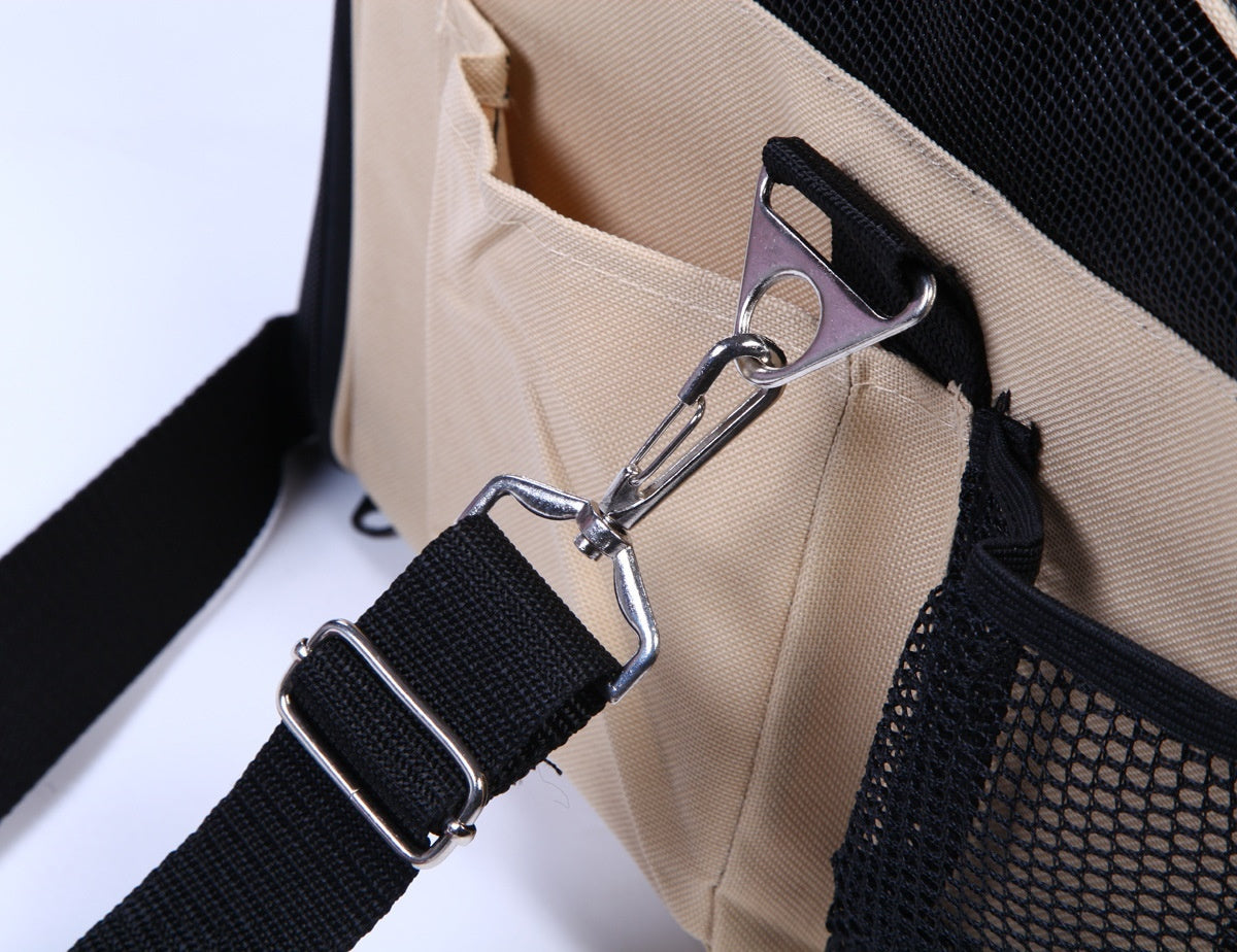 HKM-919763 Portable Crossbody Pet Carrier Bag for Dogs and Cats - Travel-Friendly Design in Beige and Dark Gray