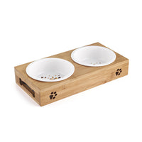HKM-920787 Double Bowl Stainless Steel Cat Feeders with Bamboo Frame