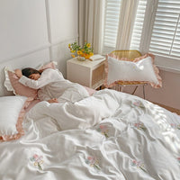 HKM-921235 Washed Silk Four-Piece Bed Sheet Set with Quilt Cover and Pillowcases