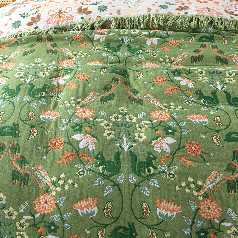 HKM-921747 Pure Cotton Double-Sided Gauze Towel Blanket in Greenish White with Floral Design - Multiple Sizes Available