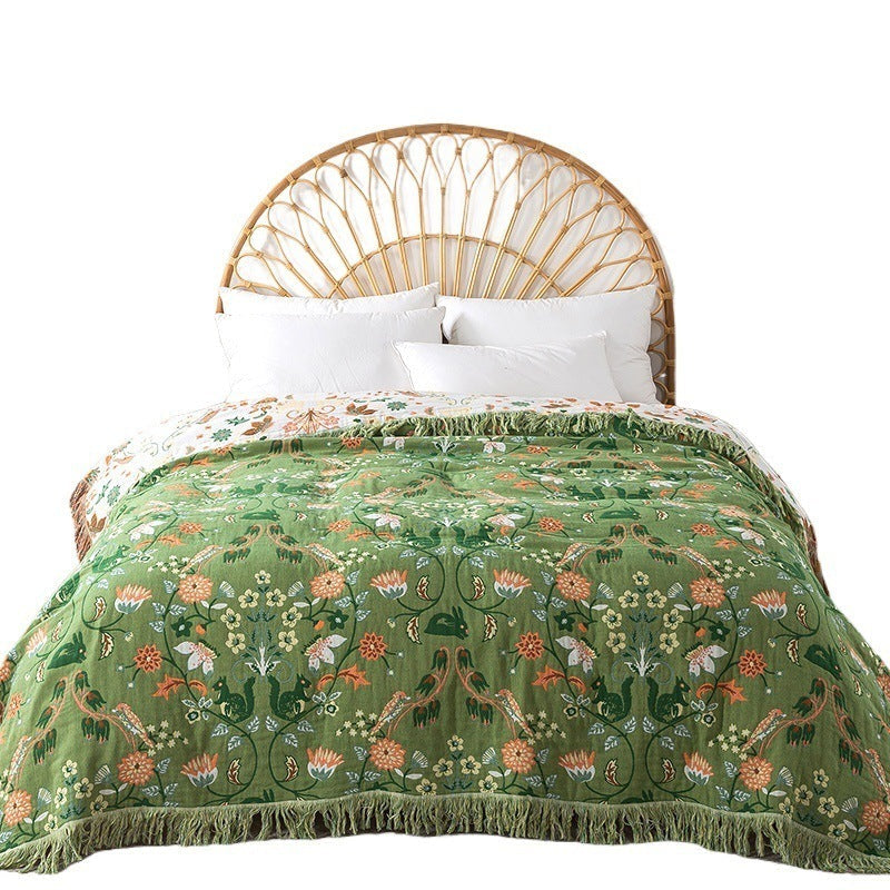 HKM-921747 Pure Cotton Double-Sided Gauze Towel Blanket in Greenish White with Floral Design - Multiple Sizes Available