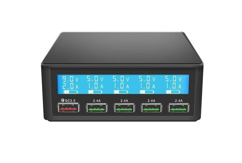 HKM-921811 5-Port QC3.0 Fast Charge USB Charger with Smart LCD Display - 8000mA Output