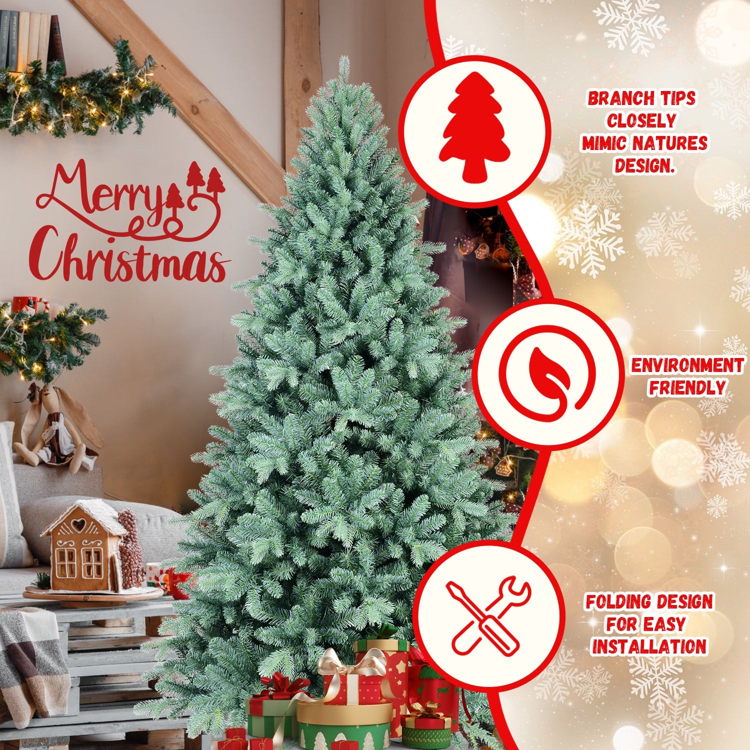 HKM-922195 Blue Hybrid PE/PVC Christmas Tree - 6ft, 7.5ft, 8ft Options Available, Automatic Assembly, Steel Wire Frame