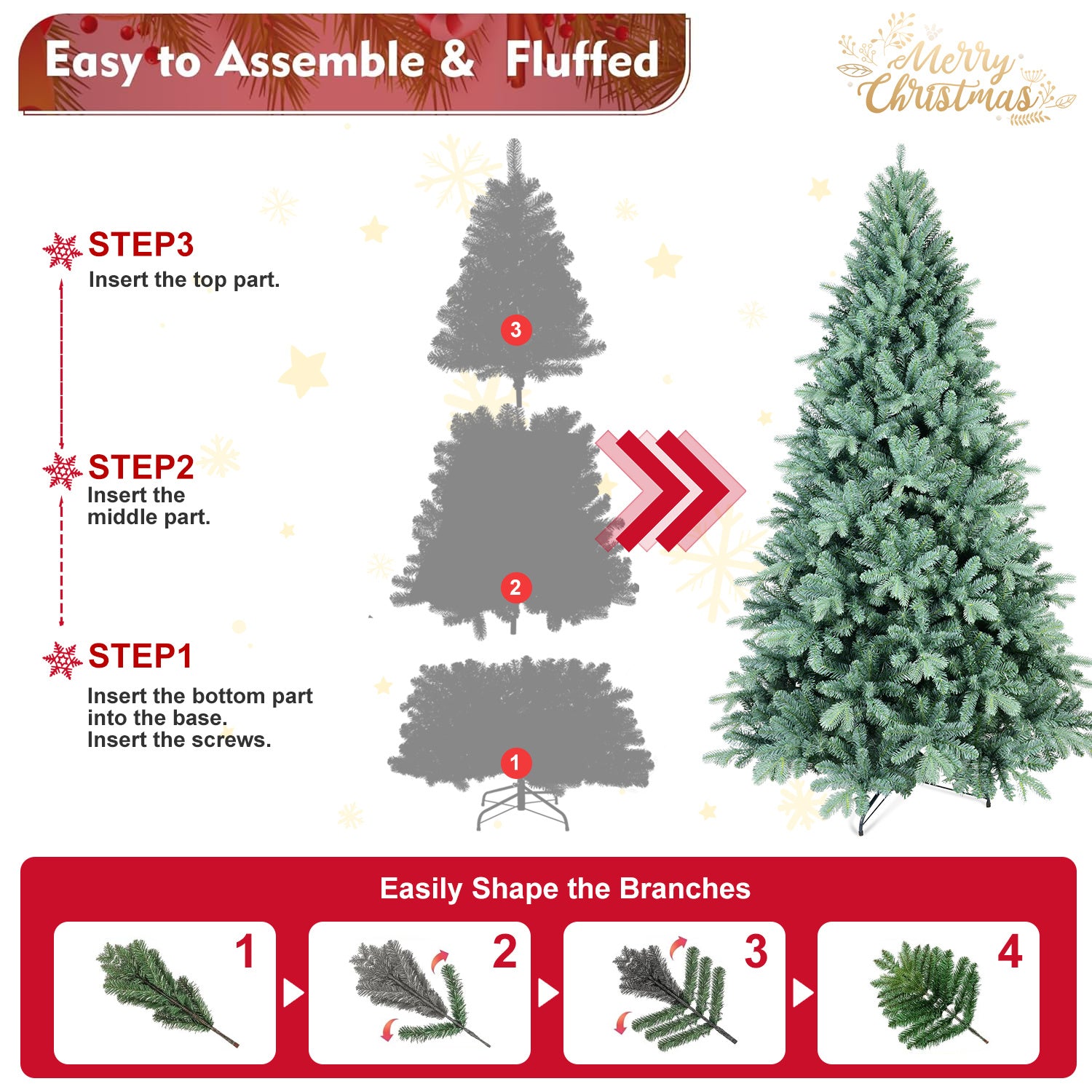 HKM-922195 Blue Hybrid PE/PVC Christmas Tree - 6ft, 7.5ft, 8ft Options Available, Automatic Assembly, Steel Wire Frame