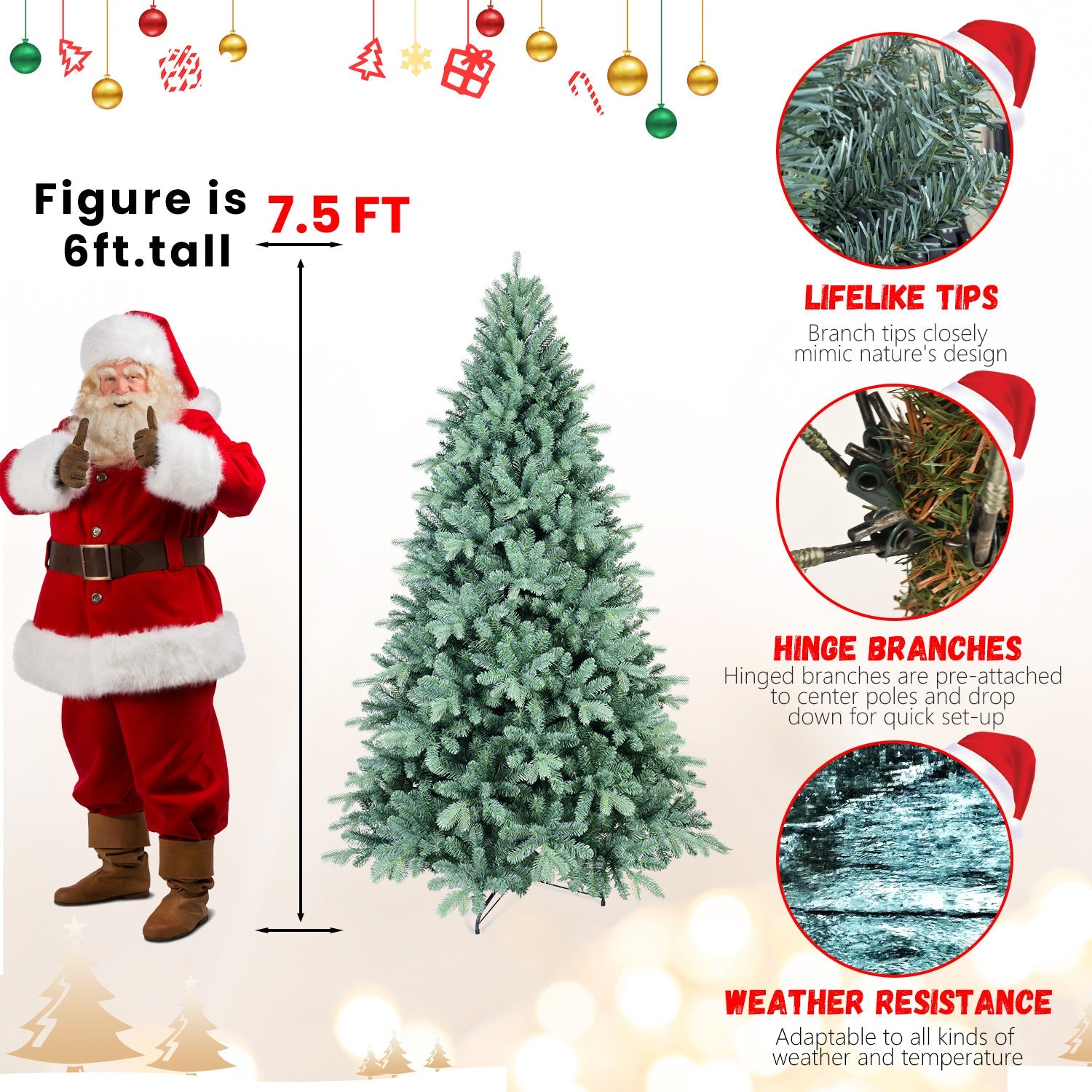 HKM-922195 Blue Hybrid PE/PVC Christmas Tree - 6ft, 7.5ft, 8ft Options Available, Automatic Assembly, Steel Wire Frame