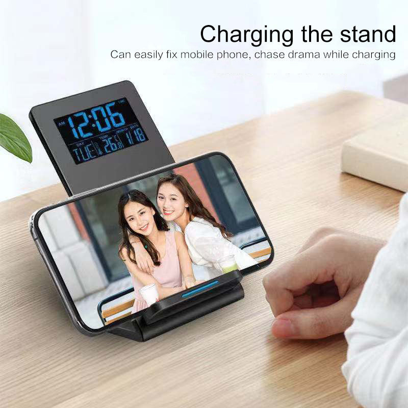 HKM-922963 Wireless Charging Alarm Clock with Mobile Phone Holder, LCD Display, Temperature & Perpetual Calendar