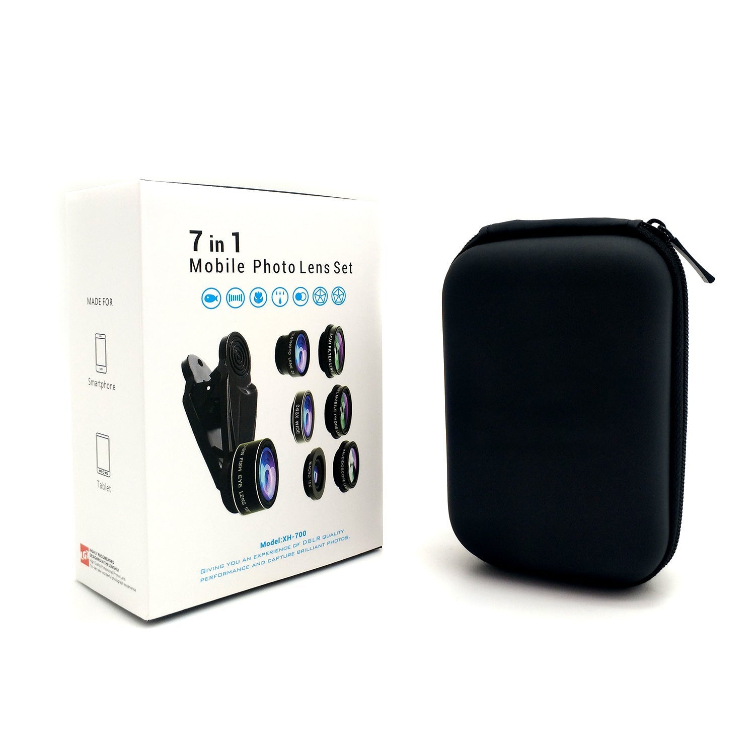 HKM-923283 7-In-1 Mobile Phone Lens Set: Fisheye, Wide Angle, Macro, Telephoto, and More with Universal Clip and Accessories