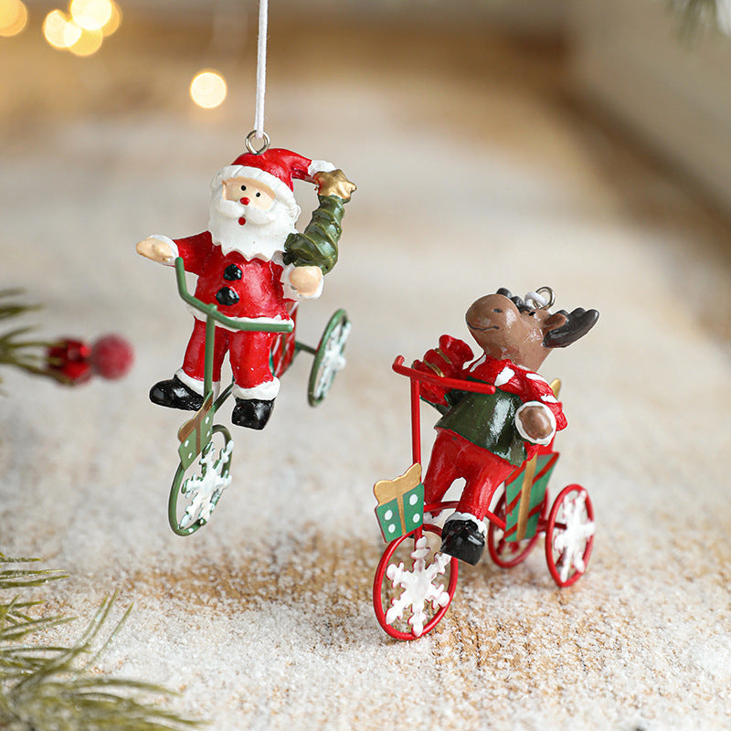 HKM-923859 Creative Resin and Wrought Iron Christmas Pendant with Santa Claus and Elk Tricycles