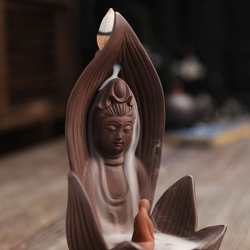 HKM-923987 Lotus Guanyin Backflow Incense Burner - Purple Sand Aromatherapy Home Decoration Craft