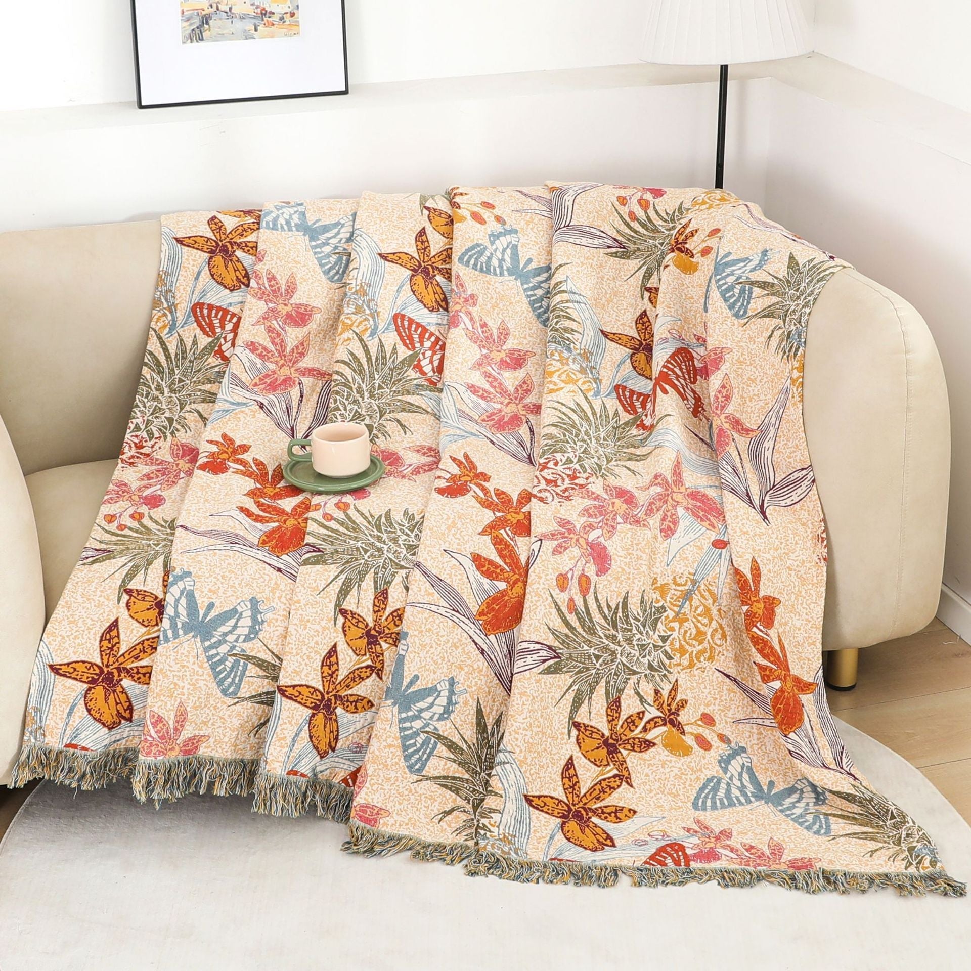 HKM-924051 Cotton Multi-layer Gauze Bedspread with Plant and Flower Pattern, 200cm x 230cm, Summer Blanket