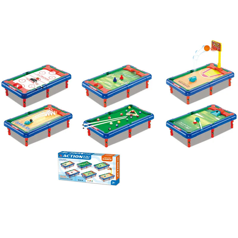 HKM-924307 Mini 6-in-1 Interactive Tabletop Game Set for Pool, Hockey, Basketball, and Golf, Ages 3+