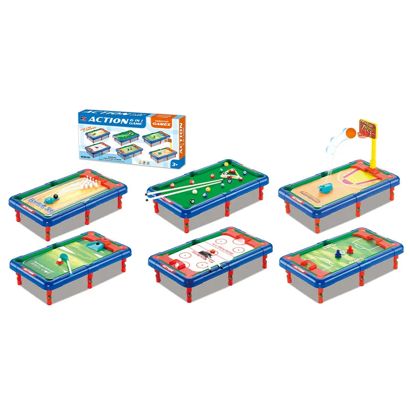 HKM-924307 Mini 6-in-1 Interactive Tabletop Game Set for Pool, Hockey, Basketball, and Golf, Ages 3+