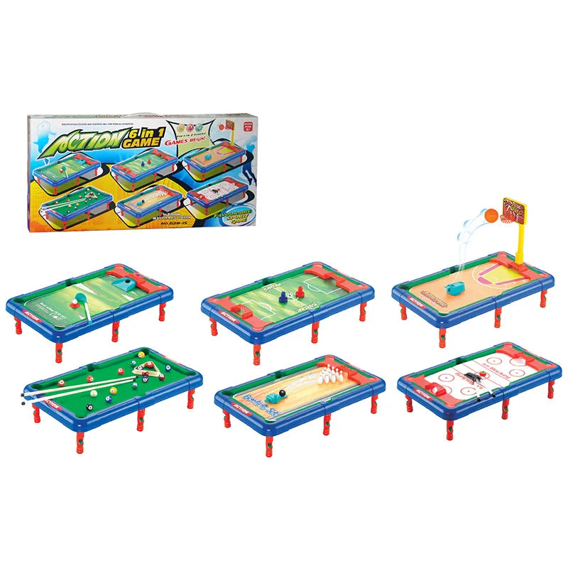 HKM-924307 Mini 6-in-1 Interactive Tabletop Game Set for Pool, Hockey, Basketball, and Golf, Ages 3+