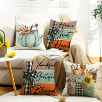 HKM-924883 Fall Pumpkin Home Sweet Home Throw Pillow Cover - 18x18 Inch Autumn Floral Accent for Sofa and Couch Decor
