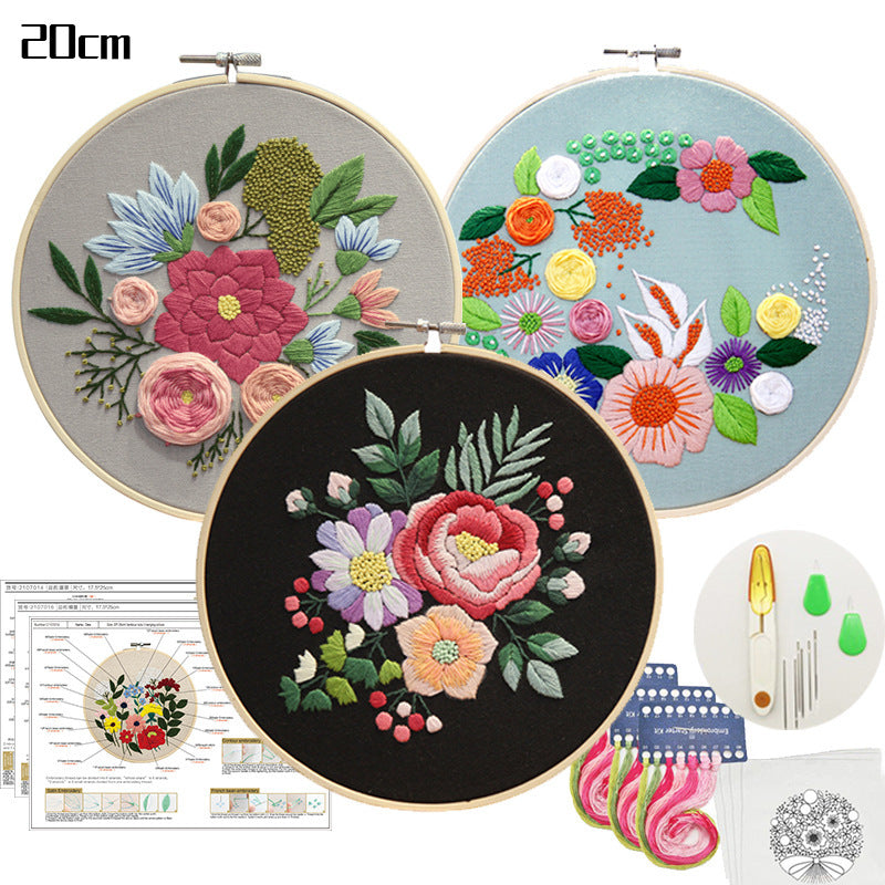 HKM-925203 Beginner's DIY Hand Embroidery Kit - Canvas with Floral and Leaf Patterns, Complete Material Package