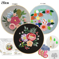 HKM-925203 Beginner's DIY Hand Embroidery Kit - Canvas with Floral and Leaf Patterns, Complete Material Package