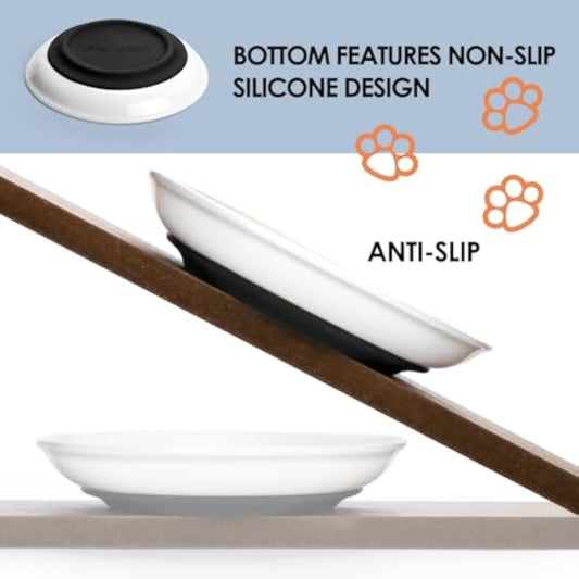 HKM-925715 Whisker-Friendly Ceramic Cat Food Bowls with Non-Slip Silicone Base, Shallow Design for Food and Water