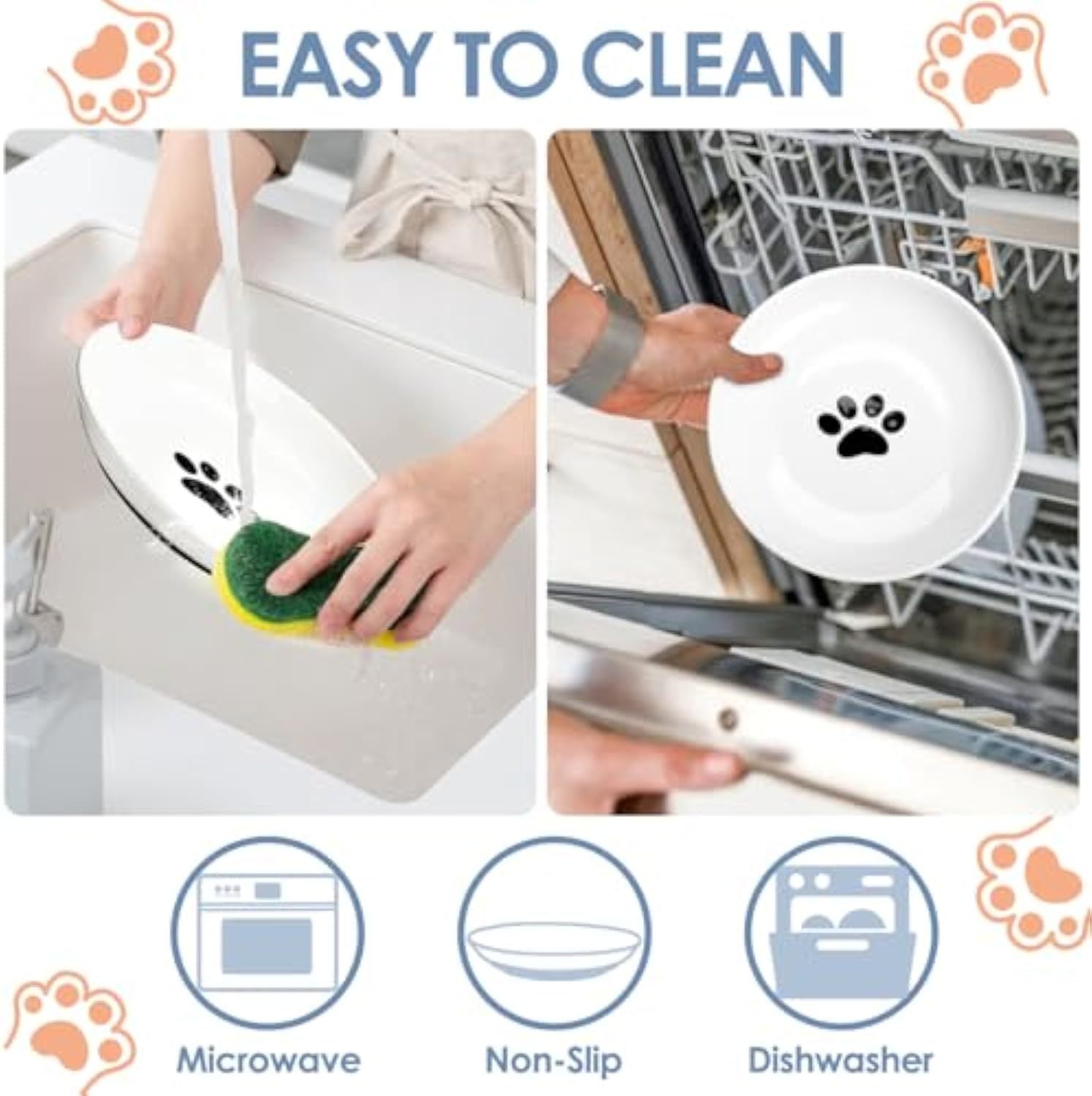 HKM-925715 Whisker-Friendly Ceramic Cat Food Bowls with Non-Slip Silicone Base, Shallow Design for Food and Water