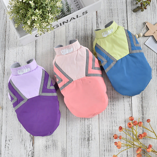 HKM-925971 Reflective Strip Stitching Jacket for Dogs – Casual Two-Legged Clothing in Pink, Purple, and Blue, Sizes S to XXL