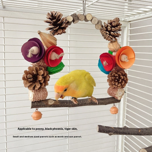 HKM-928595 Parrot Swing Toy with Pine Nut Grinding Claw and Wooden Stand for Colorful Decoration