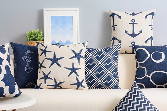 HKM-928787 Mediterranean Blue Geometric Cotton and Linen Cushion Case, 45x45cm