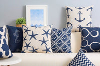 HKM-928787 Mediterranean Blue Geometric Cotton and Linen Cushion Case, 45x45cm