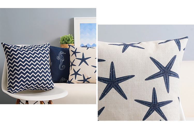 HKM-928787 Mediterranean Blue Geometric Cotton and Linen Cushion Case, 45x45cm