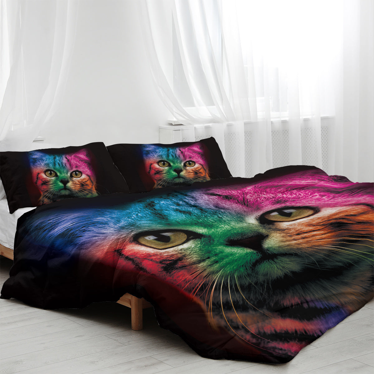 HKM-928979 Colorful Cat Pattern Microfiber Duvet Cover Set with Pillow Shams for Single Bed