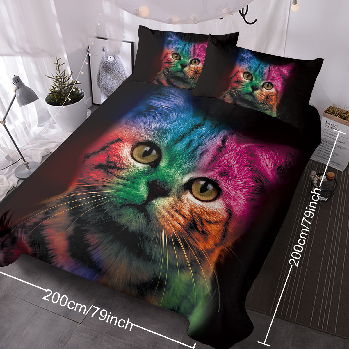 HKM-928979 Colorful Cat Pattern Microfiber Duvet Cover Set with Pillow Shams for Single Bed