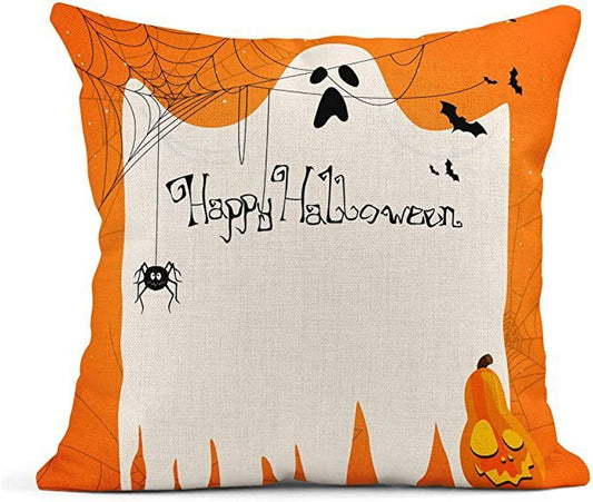 HKM-929491 Halloween Orange Ghost Cotton and Linen Pillowcase - 45x45cm Nordic Style Cover for Home and Outdoor Decor