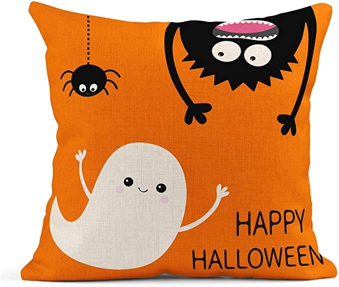 HKM-929491 Halloween Orange Ghost Cotton and Linen Pillowcase - 45x45cm Nordic Style Cover for Home and Outdoor Decor