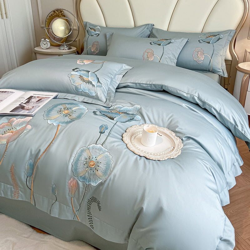 HKM-929811 Pure Cotton Four-Piece Bed Sheet Duvet Cover Set with Embroidery and Geometric Patterns