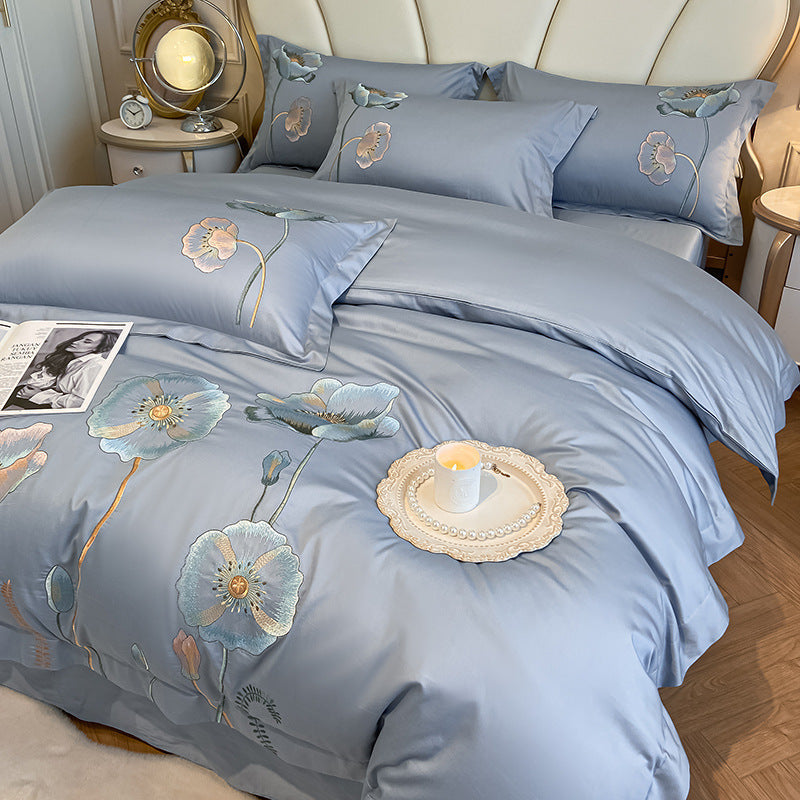 HKM-929811 Pure Cotton Four-Piece Bed Sheet Duvet Cover Set with Embroidery and Geometric Patterns